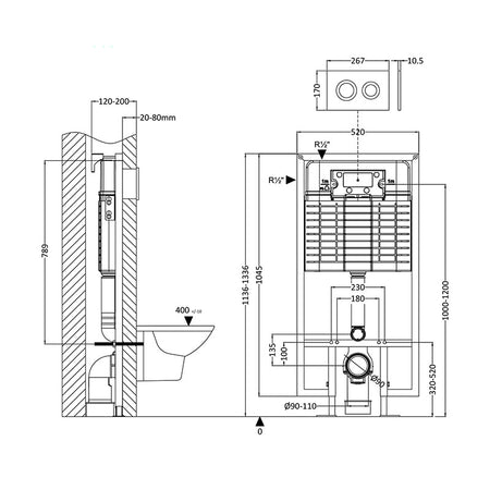 Nuie Concealed Toilet Cistern, Wall Hung Frame and Dual Flush Push Button (1 size, 2 styles, Chrome) - Brand New Bathrooms