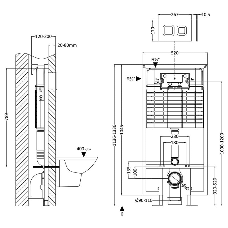 Nuie Concealed Toilet Cistern, Wall Hung Frame and Dual Flush Push Button (1 size, 2 styles, Chrome) - Brand New Bathrooms