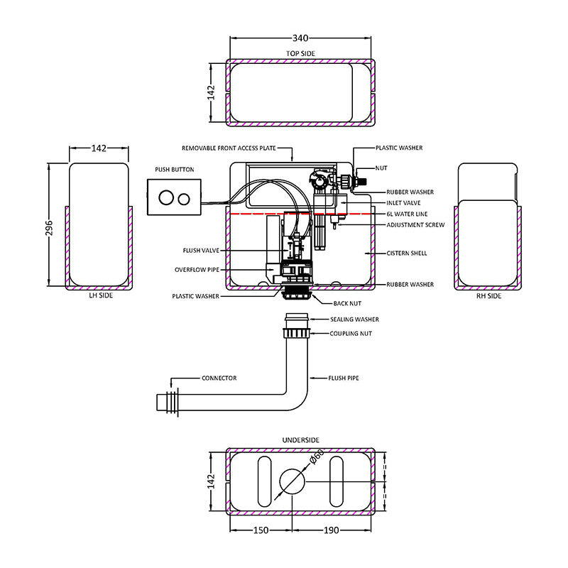 Nuie Ceramics Pneumatic Dual Flush Universal Access Concealed Toilet Cistern (1 size, 4 colours) - Brand New Bathrooms